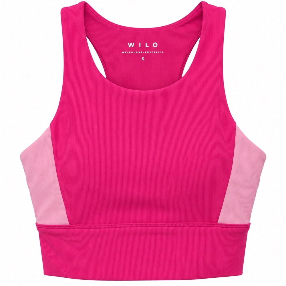 WILO Active Ribbed Sports Bra Pink High Neck Racerback Cutout Yoga Top Size S